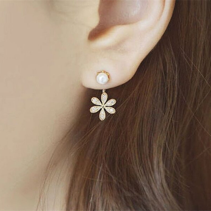 2019 Korea Hottest Fashion Women's Front & Back Post-hanging Earrings Six Leaf Flower Crystal Stud Earrings For Women Jewelry