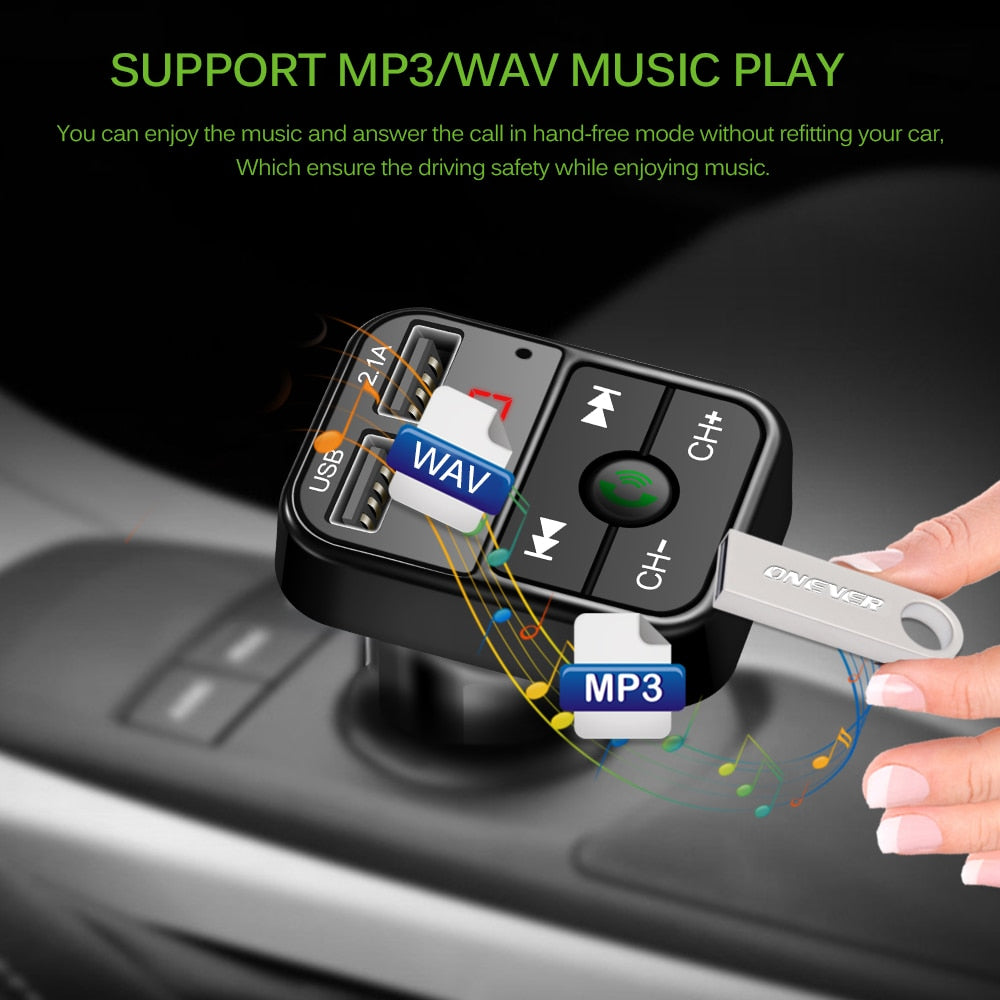 Onever – transmetteur FM Bluetooth pour voiture, lecteur de musique Audio MP3, modulateur Radio double USB, Kit mains libres avec chargeur USB 5V 2.1A
