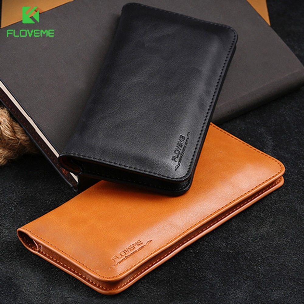 FLOVEME Universal Genuine Leather Wallet For iPhone X 8 7 6 6s Plus For Samsung Galaxy Note 8 S8 Plus S7 S6 Edge Pouch Case Bag